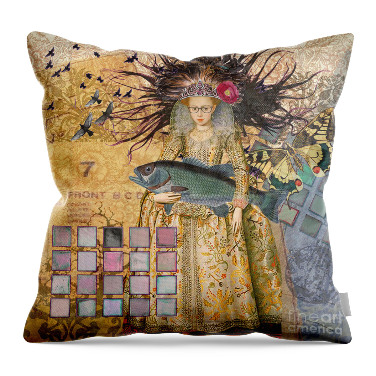 Whimsical Pisces Woman Renaissance fishing Gothic Throw Pillow by