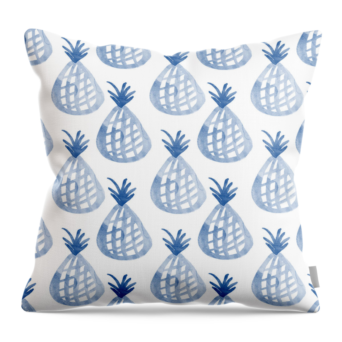 Pineapple Throw Pillow featuring the mixed media White and Blue Pineapple Party by Linda Woods