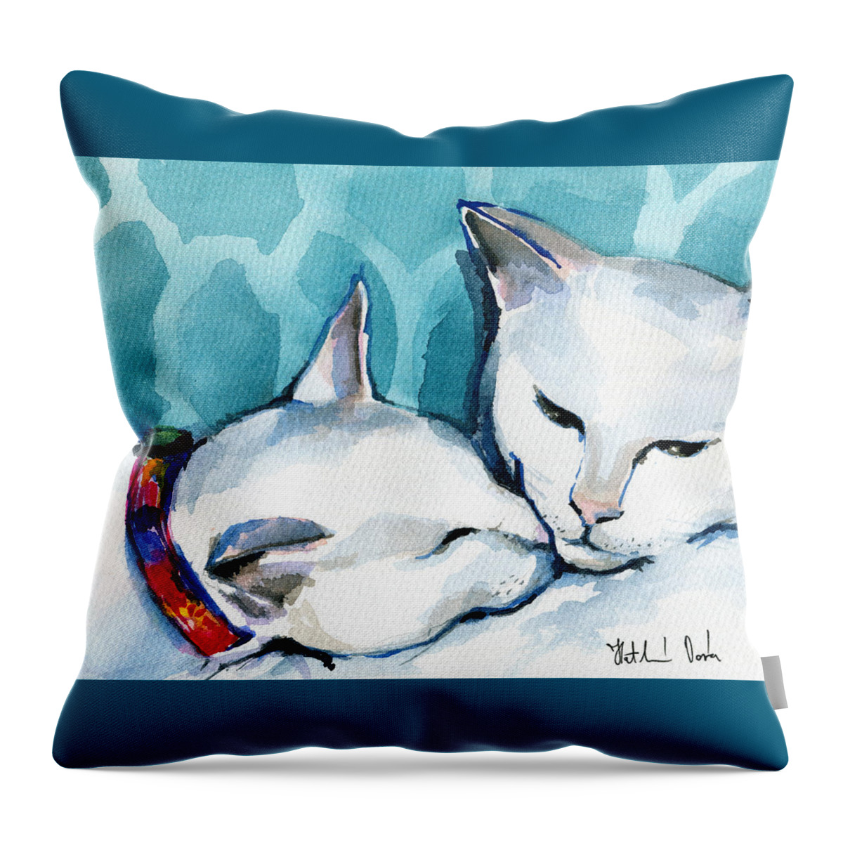 Cat Throw Pillow featuring the painting White Cat Affection by Dora Hathazi Mendes