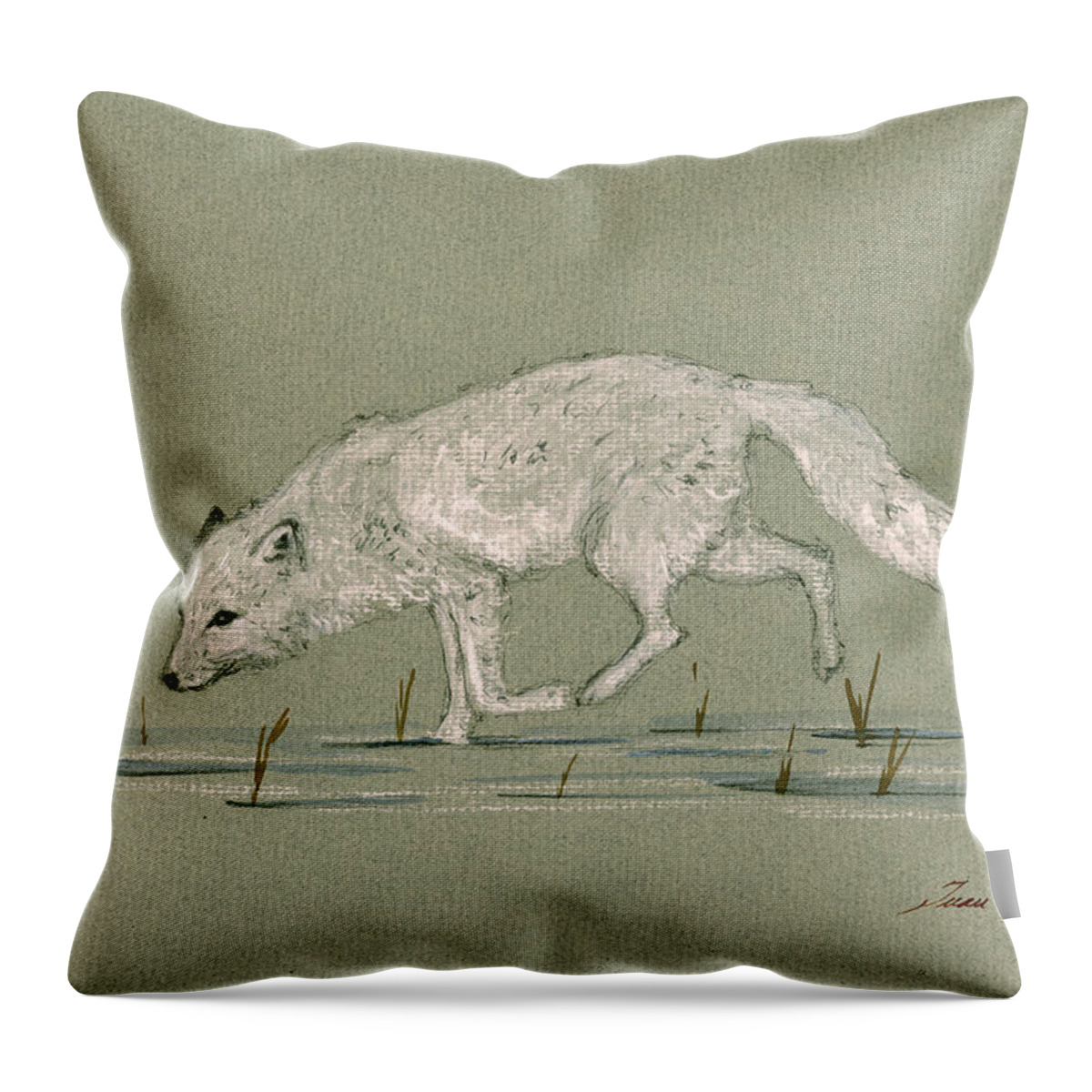 Arctic Fox Throw Pillow featuring the painting White fox walking by Juan Bosco