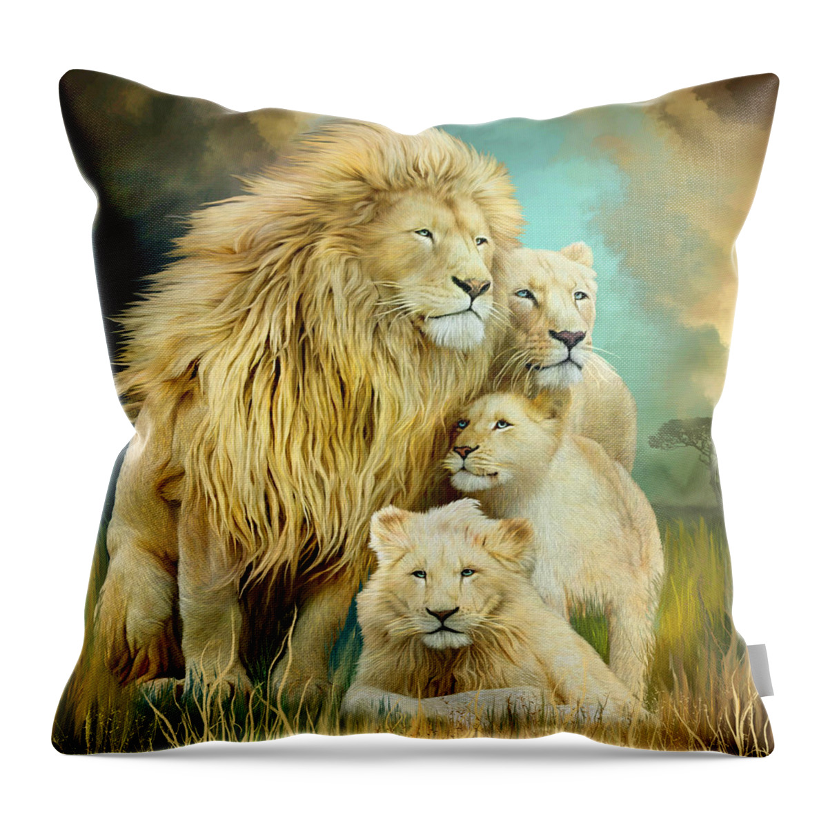 Carol Cavalaris Throw Pillow featuring the mixed media White Lion Family - Unity by Carol Cavalaris