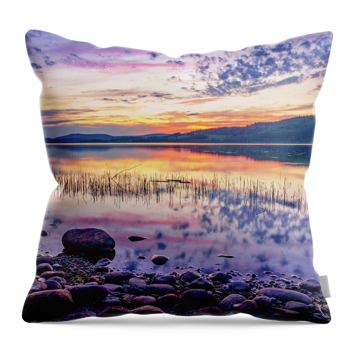 Europe Throw Pillow featuring the photograph White night sunset on a Swedish lake by Dmytro Korol