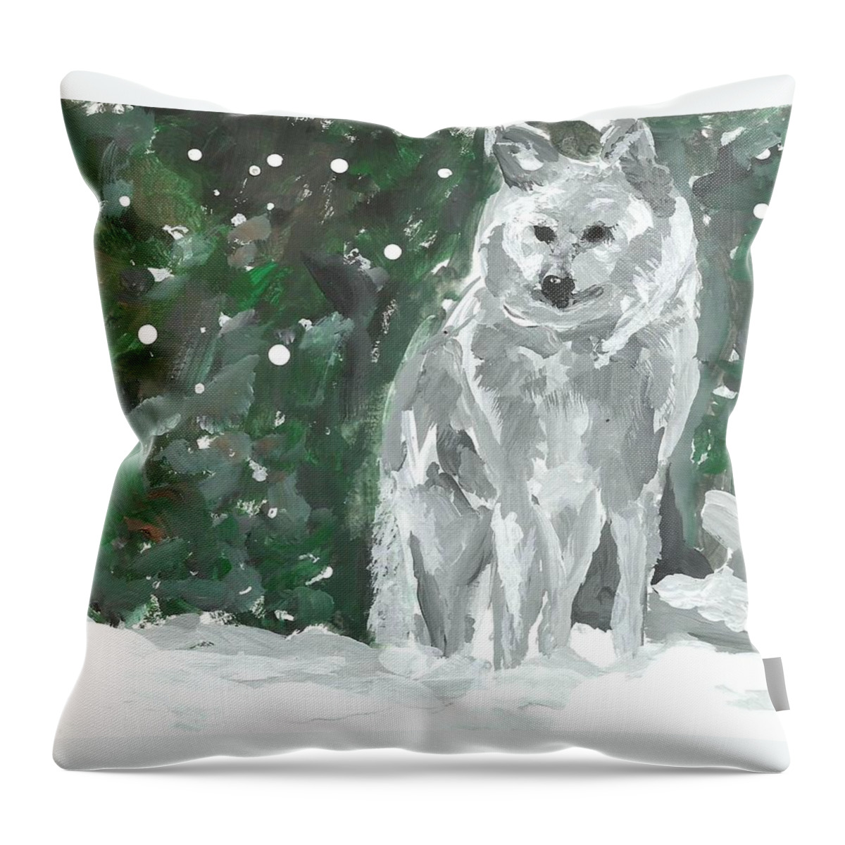 White Wolf Impressionism Art Painting Animal Forest Snow Woods Wildflife Throw Pillow featuring the painting White Wolf Impressionism by Monica Resinger