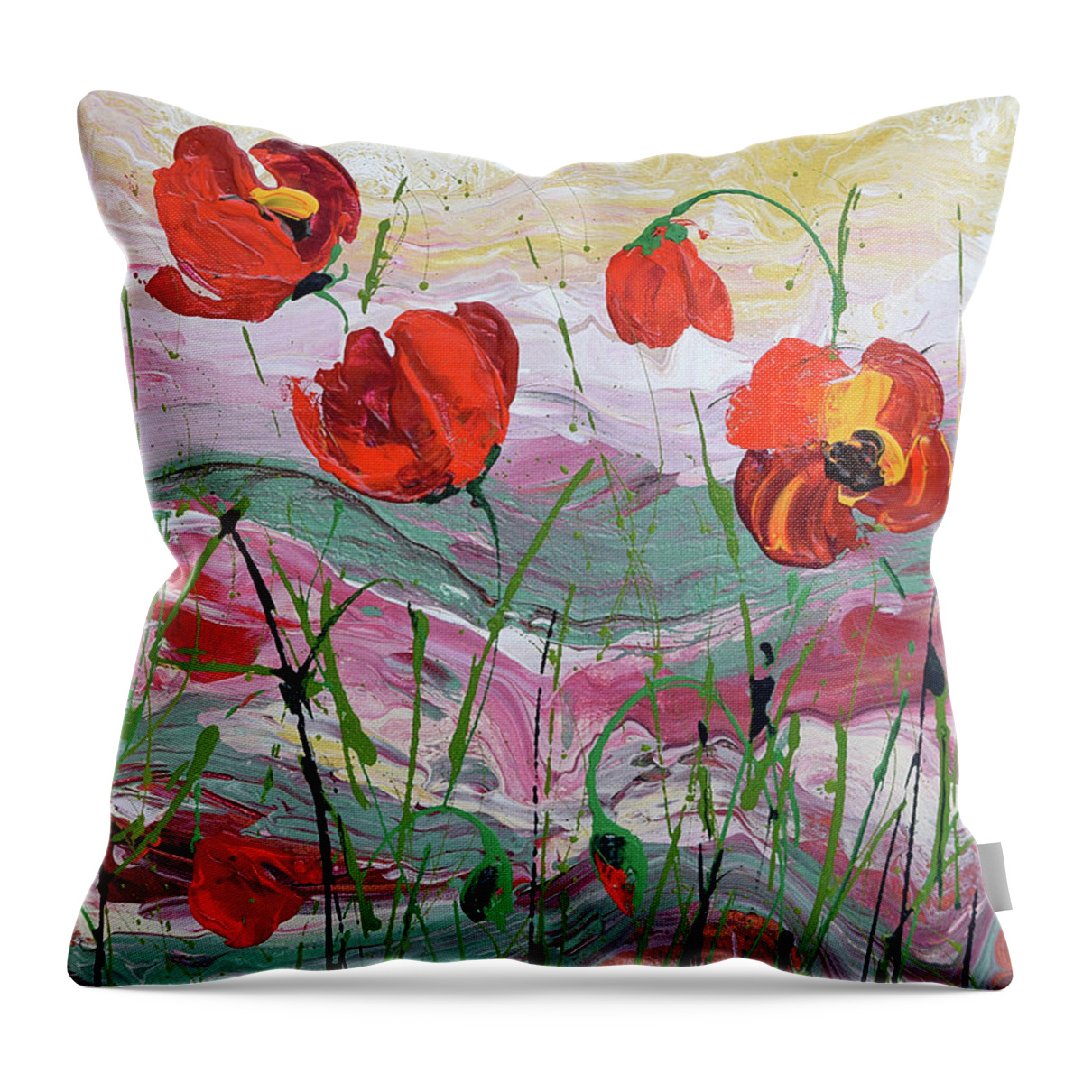 Wild Poppies - Triptych Throw Pillow featuring the painting Wild Poppies - 2 by Jyotika Shroff