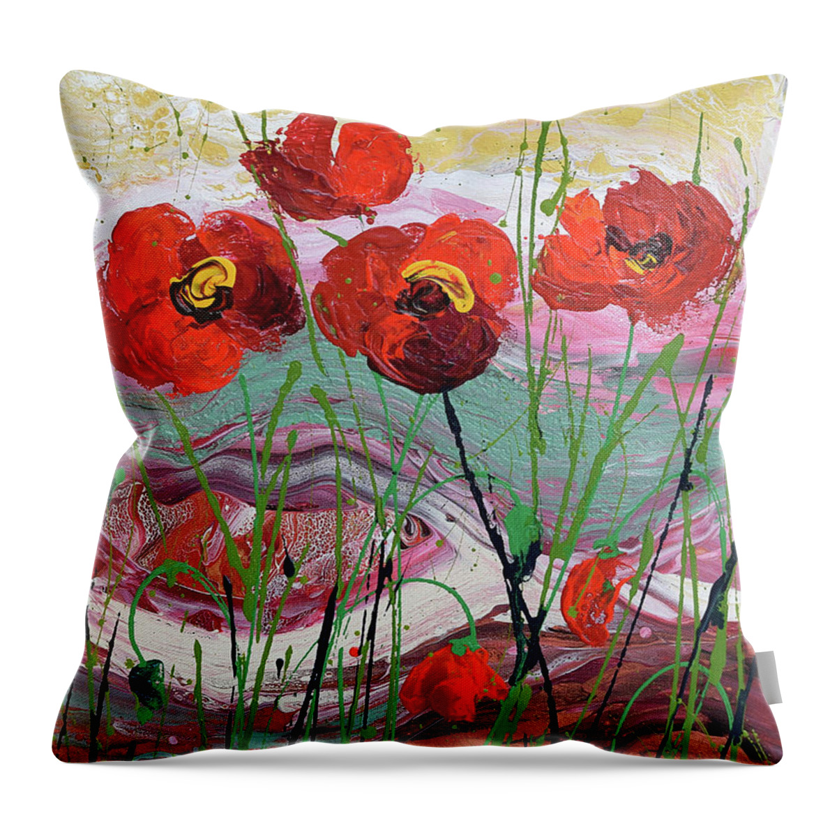 Wild Poppies - Triptych Throw Pillow featuring the painting Wild Poppies - 3 by Jyotika Shroff