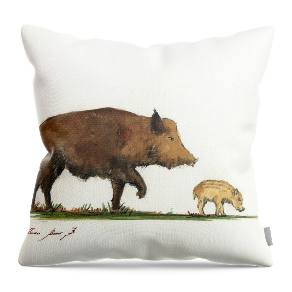 Wildboar Running Throw Pillow featuring the painting Wildboar Piglet by Juan Bosco