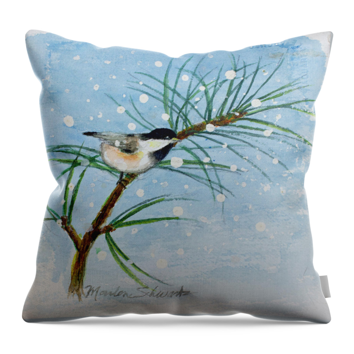 Chickadee Throw Pillow featuring the painting Winter Chickadee by Marlene Schwartz Massey