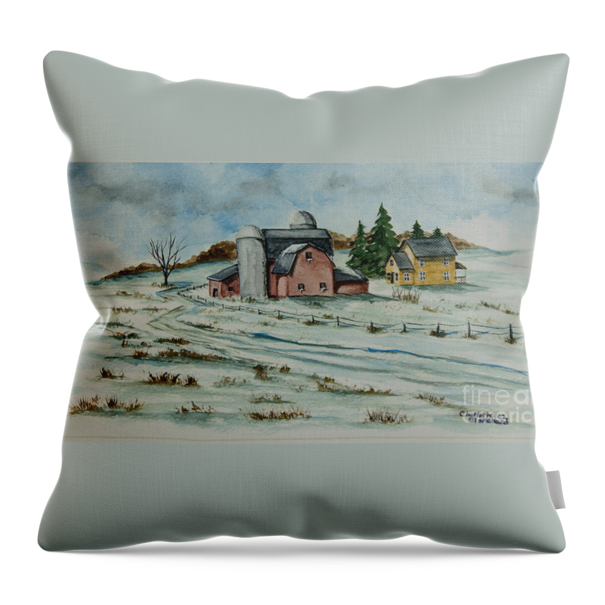 Winter Scene Paintings Throw Pillow featuring the painting Winter Down On The Farm by Charlotte Blanchard