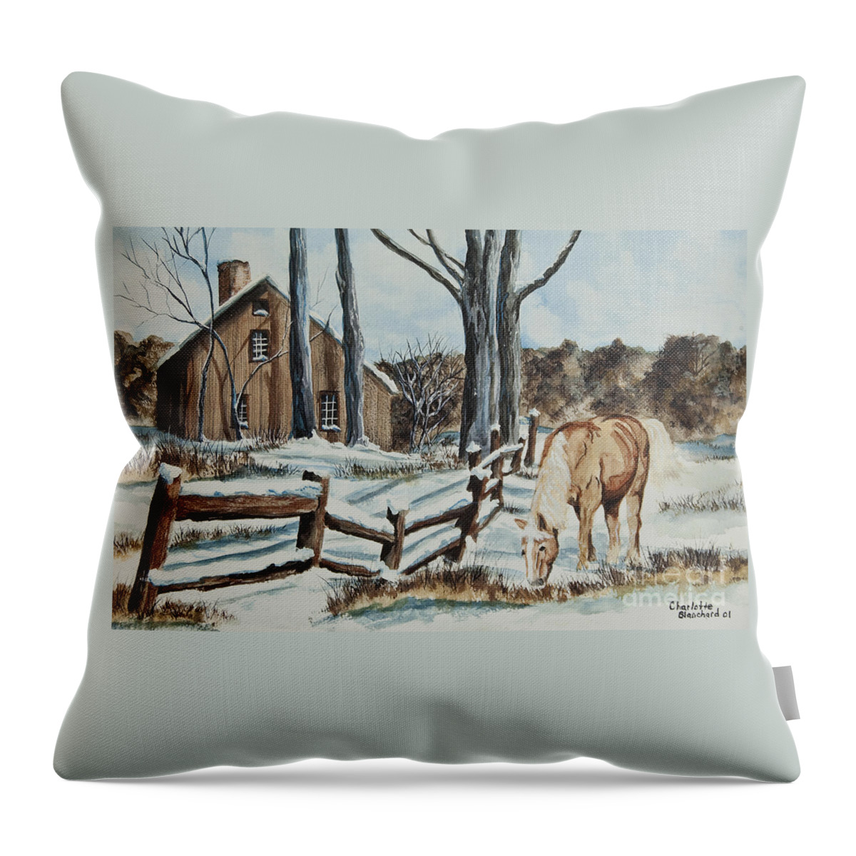 Horse Throw Pillow featuring the painting Winter Grazing by Charlotte Blanchard
