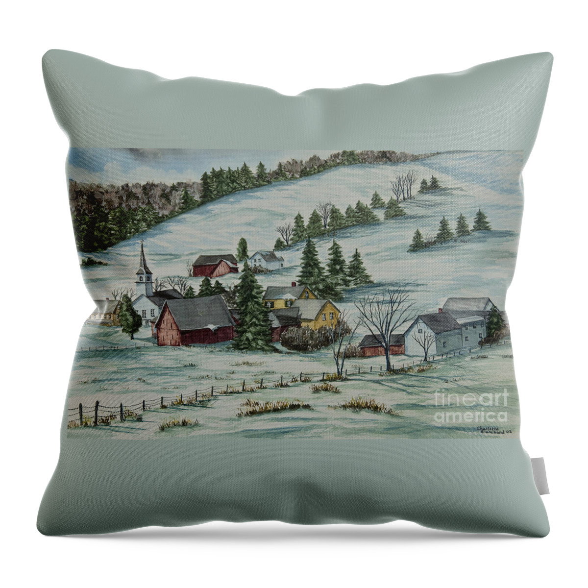 Winter Scene Paintings Throw Pillow featuring the painting Winter In East Chatham Vermont by Charlotte Blanchard