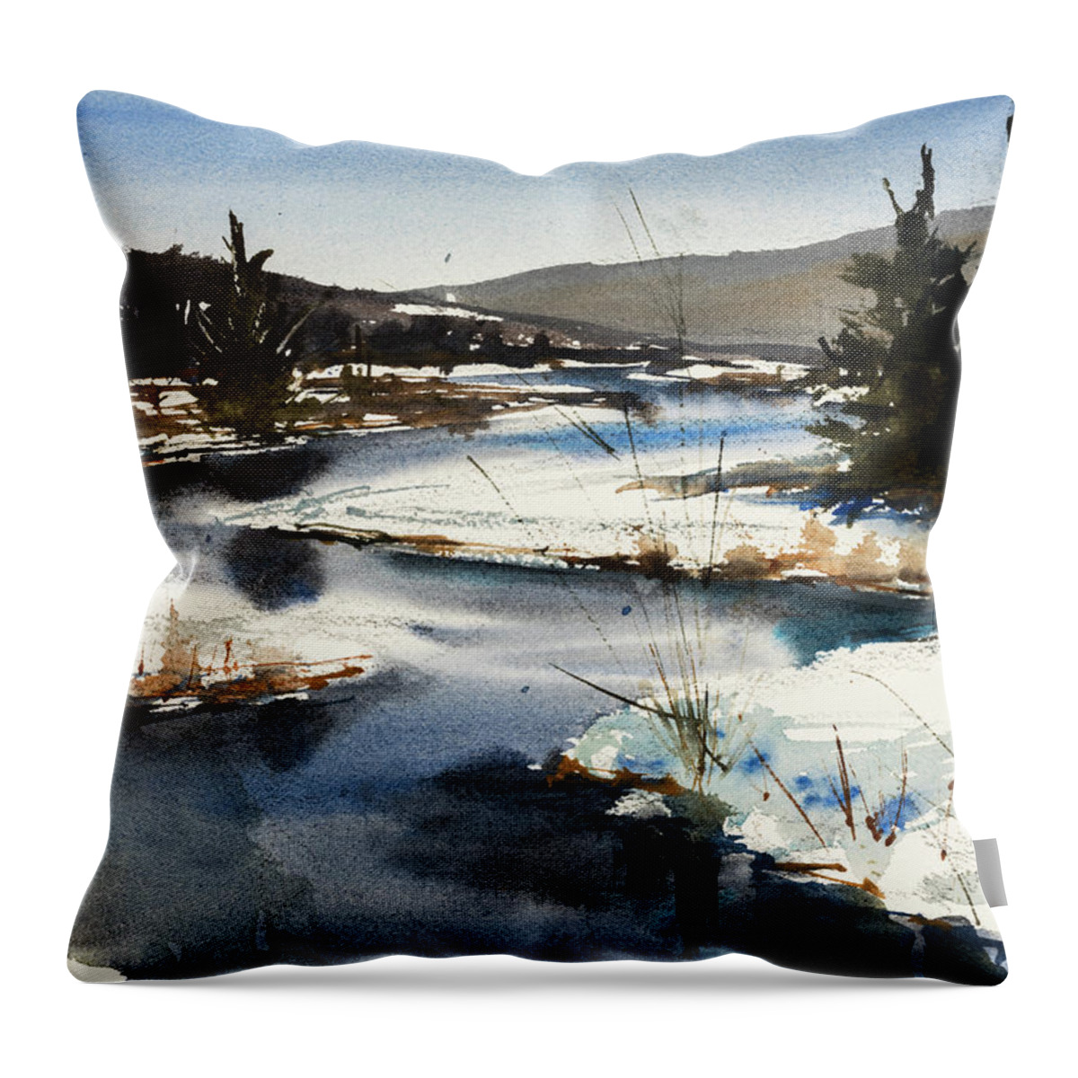 This Is One Of My Favorite Spots In Old Forge Ny. It's The View From Green Bridge Of The Moose River. I've Painted It In Every Season. This Is Actually April Throw Pillow featuring the painting Winter Moose by Judith Levins