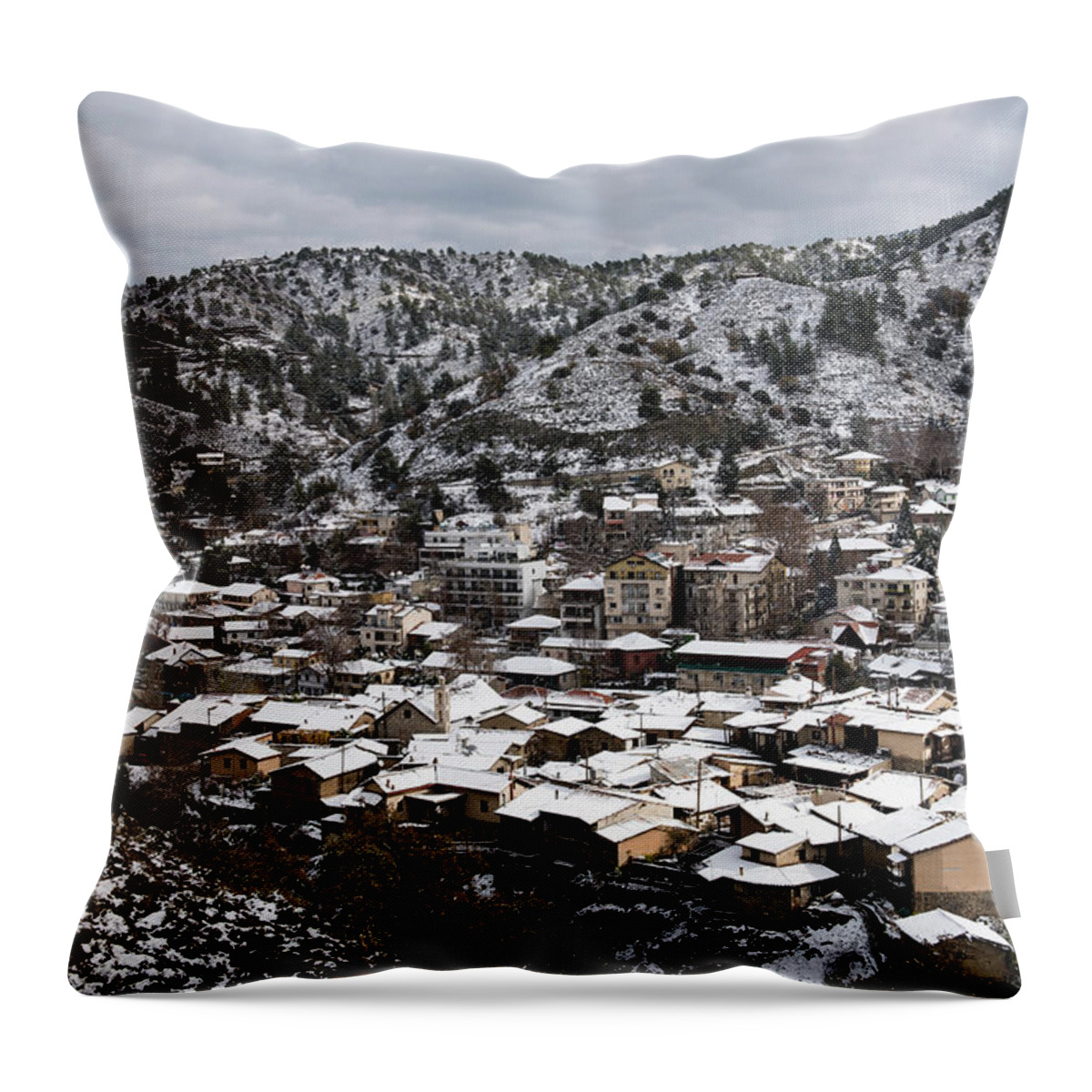 Winter Throw Pillow featuring the photograph Winter mountain village landscape with snow by Michalakis Ppalis