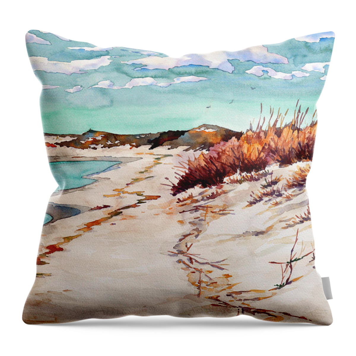 #water #beach #sawgrass #winter #capehenlopen #delawarebeaches #delawarestateparks #landscape Throw Pillow featuring the painting Winter Sands by Mick Williams