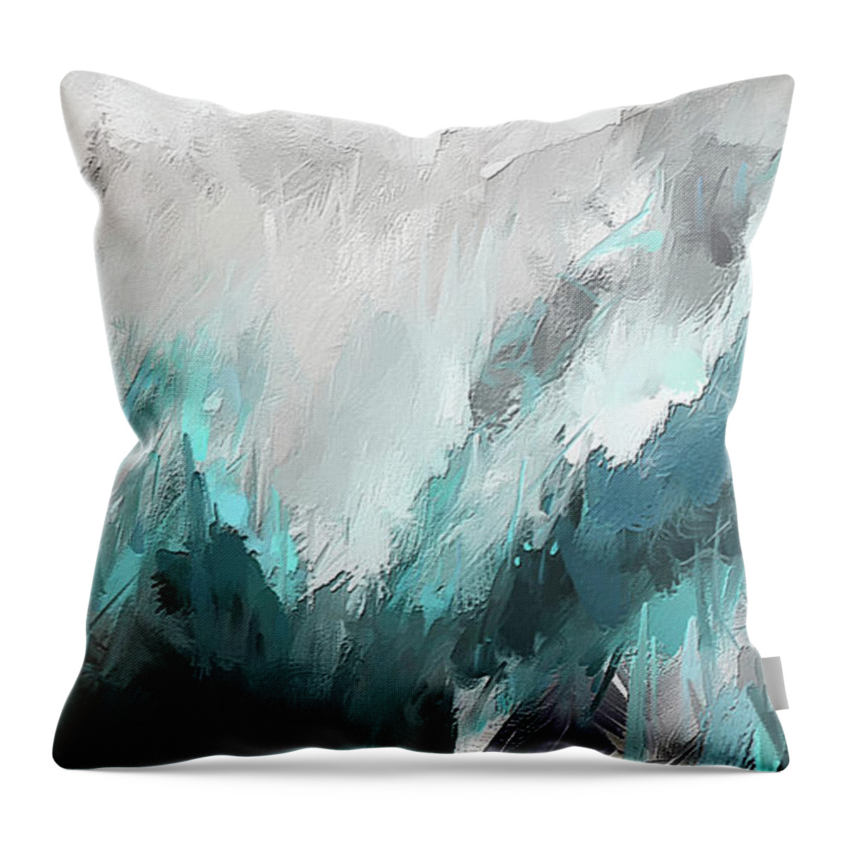 Ight Blue Throw Pillow featuring the painting Wintery Mountain- Turquoise and Gray modern Artwork by Lourry Legarde