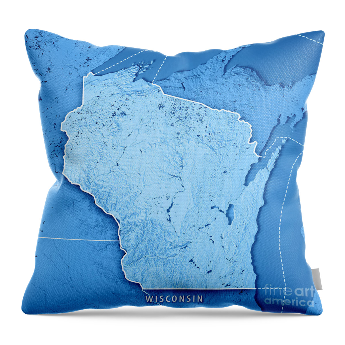Wisconsin Throw Pillow featuring the digital art Wisconsin State USA 3D Render Topographic Map Blue Border by Frank Ramspott
