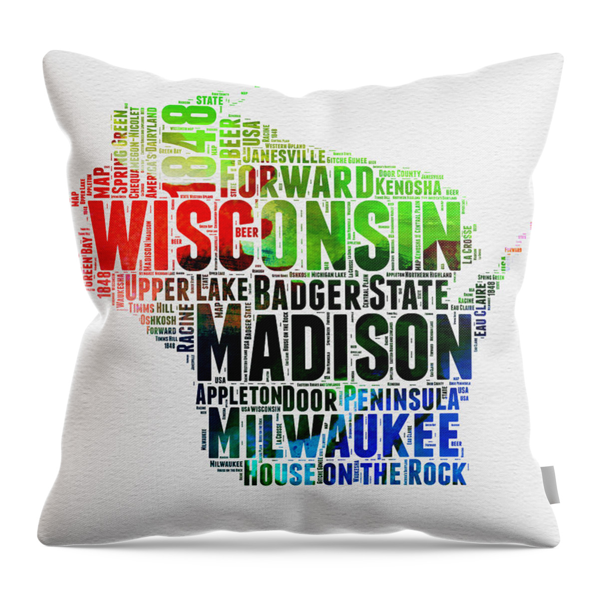 Wisconsin Throw Pillow featuring the digital art Wisconsin Watercolor Word Cloud Map by Naxart Studio