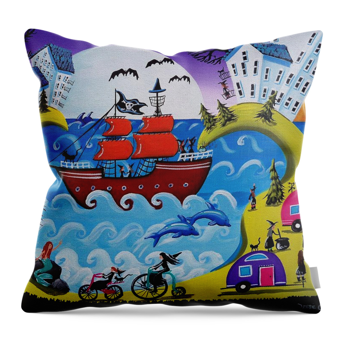 Pirate Throw Pillow featuring the painting Witches By The Sea by Debbie Criswell