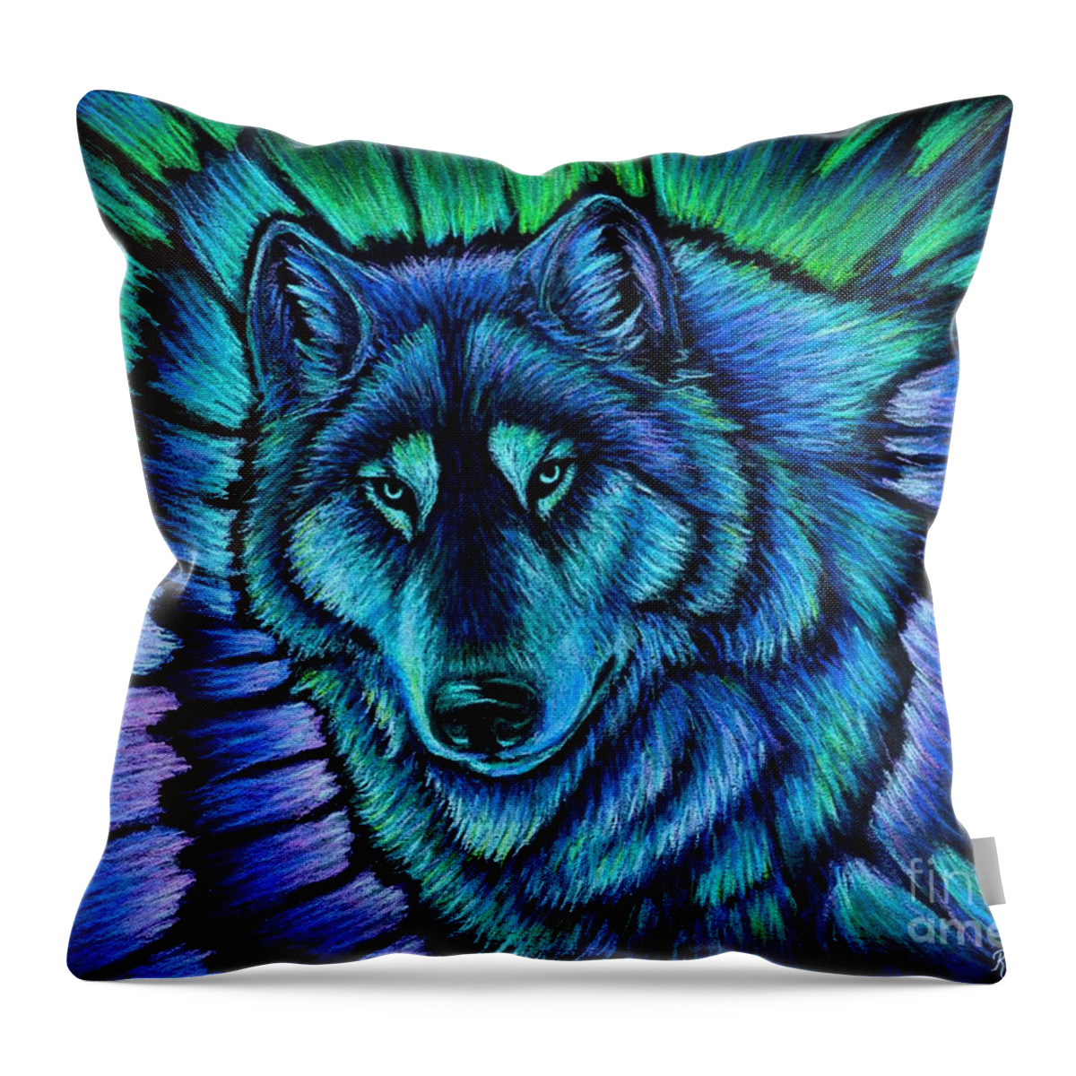 Wolf Throw Pillow featuring the pastel Wolf Aurora by Rebecca Wang