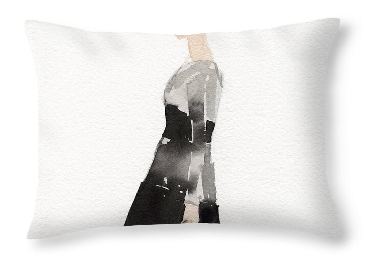 Fashion Throw Pillow featuring the painting Woman in a Black and Gray Dress Fashion Illustration Art Print by Beverly Brown