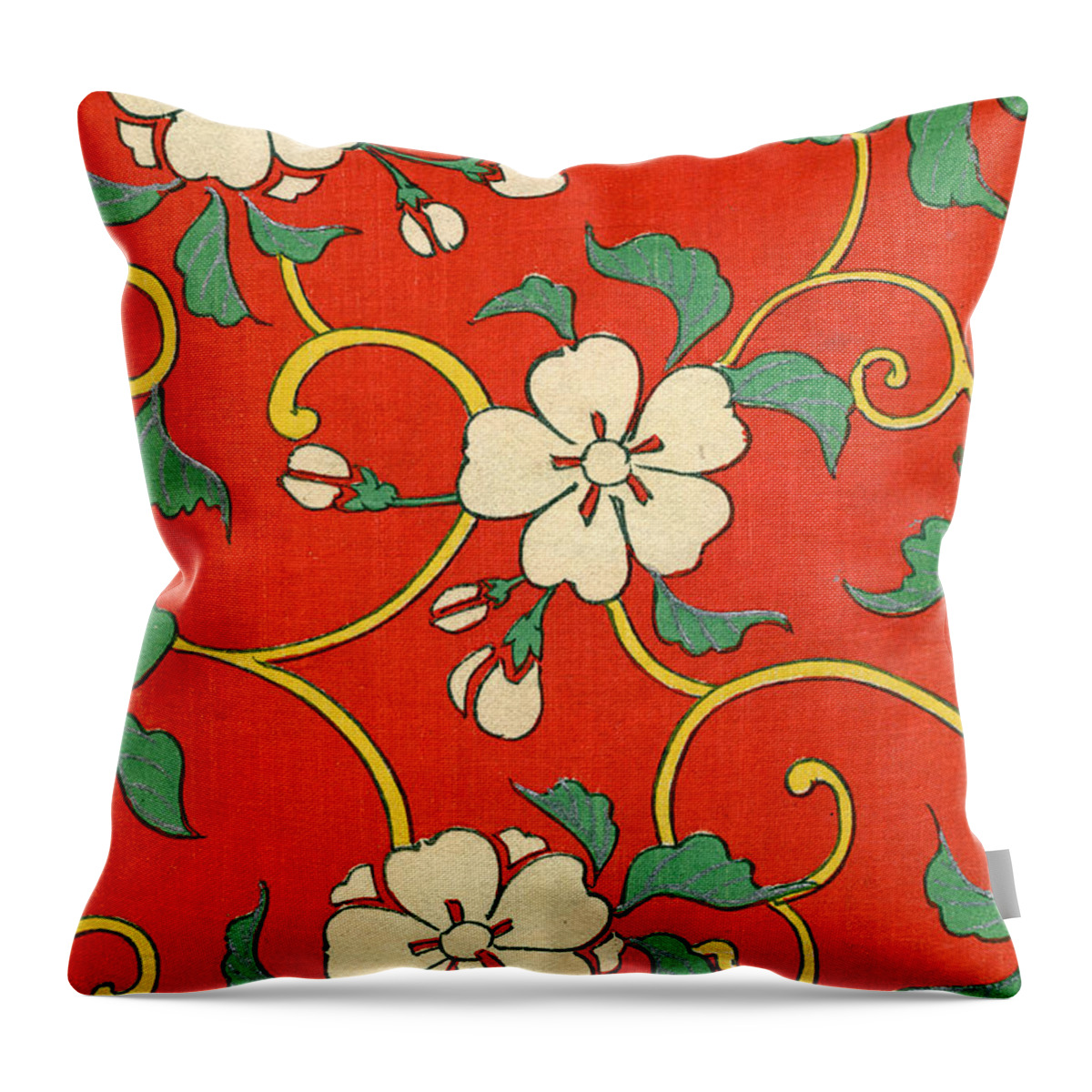 Red Throw Pillow featuring the painting Woodblock Print of Apple Blossoms by Japanese School