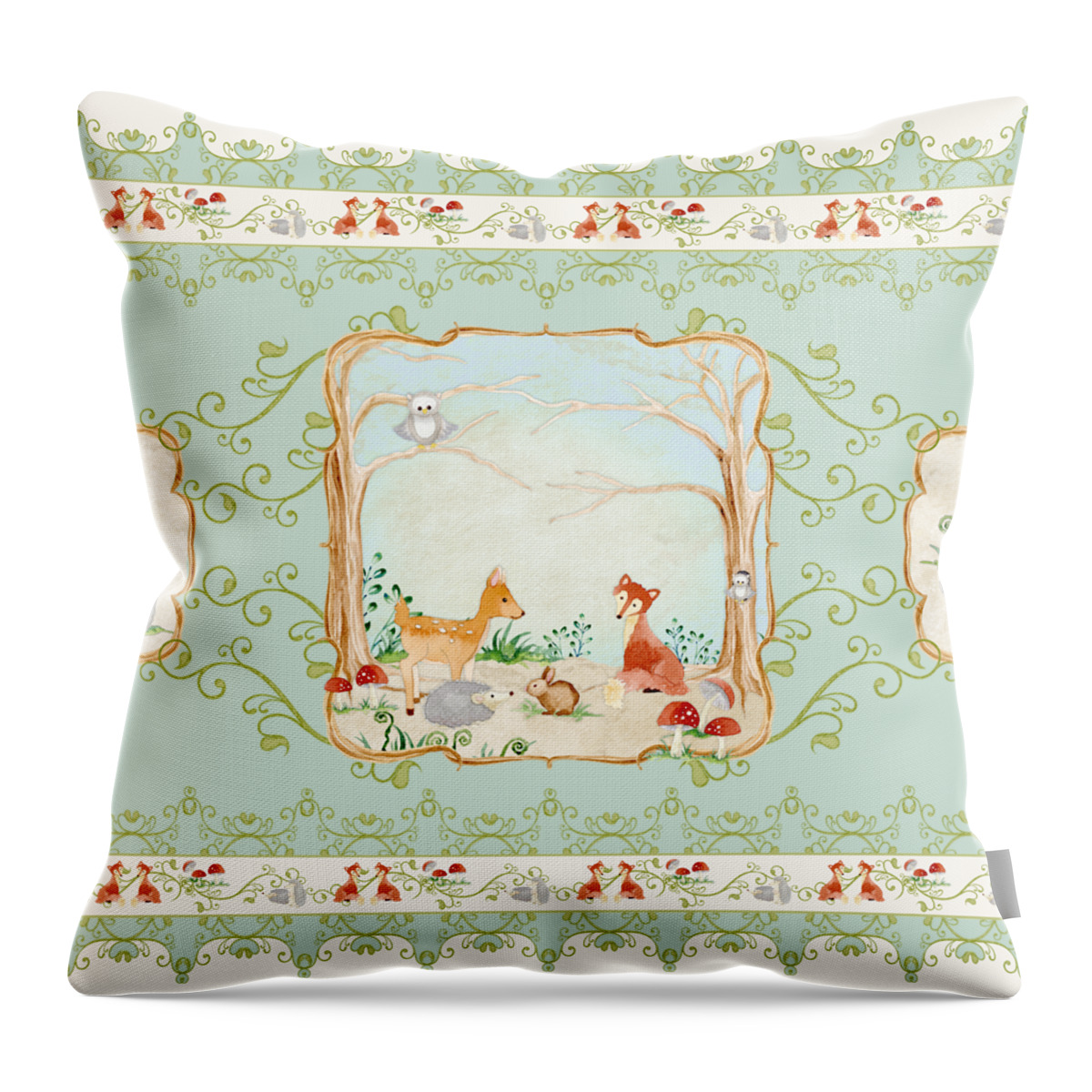 Wood Throw Pillow featuring the painting Woodland Fairy Tale - Aqua Blue Forest Gathering of Woodland Animals by Audrey Jeanne Roberts
