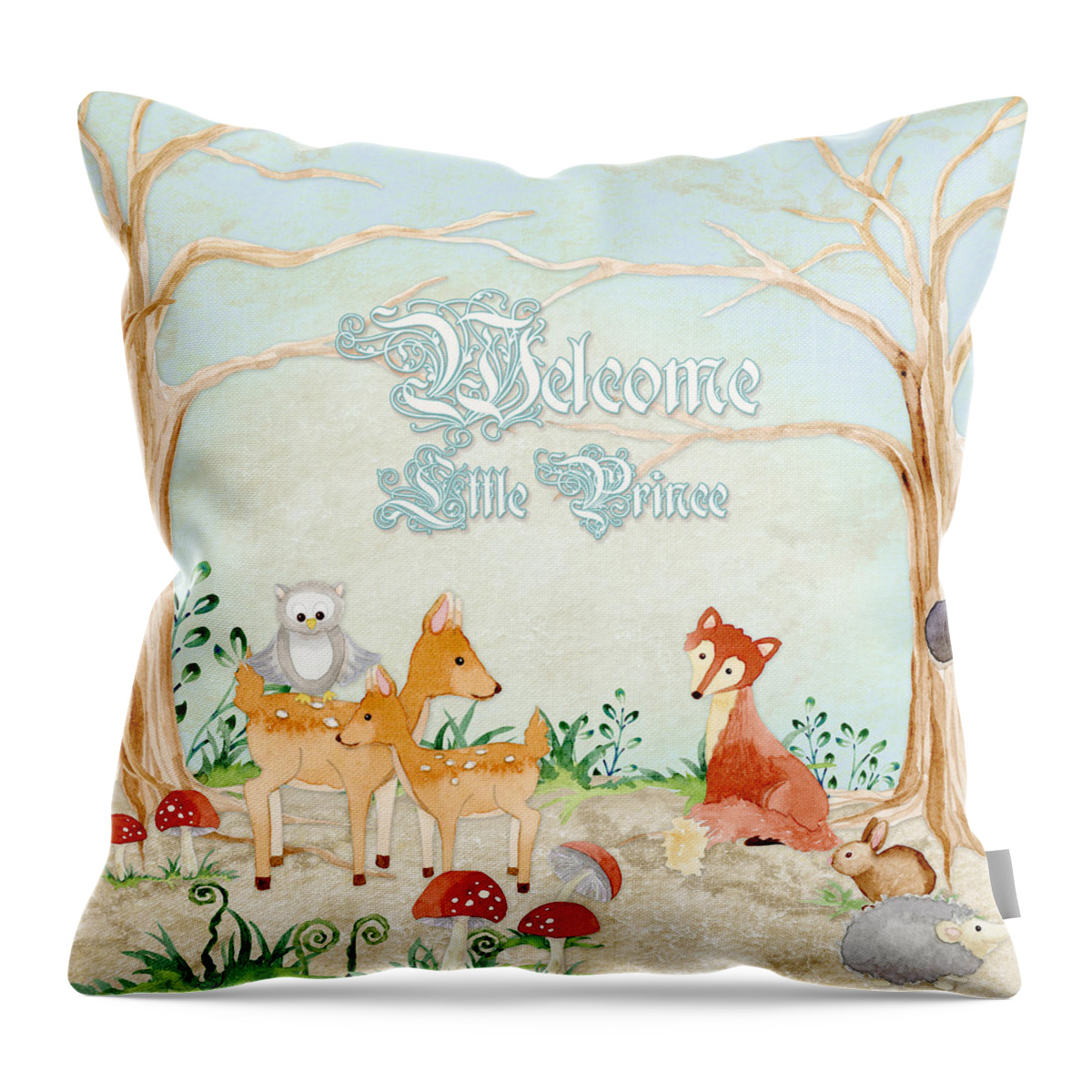 Woodchuck Throw Pillow featuring the painting Woodland Fairy Tale - Welcome Little Prince by Audrey Jeanne Roberts