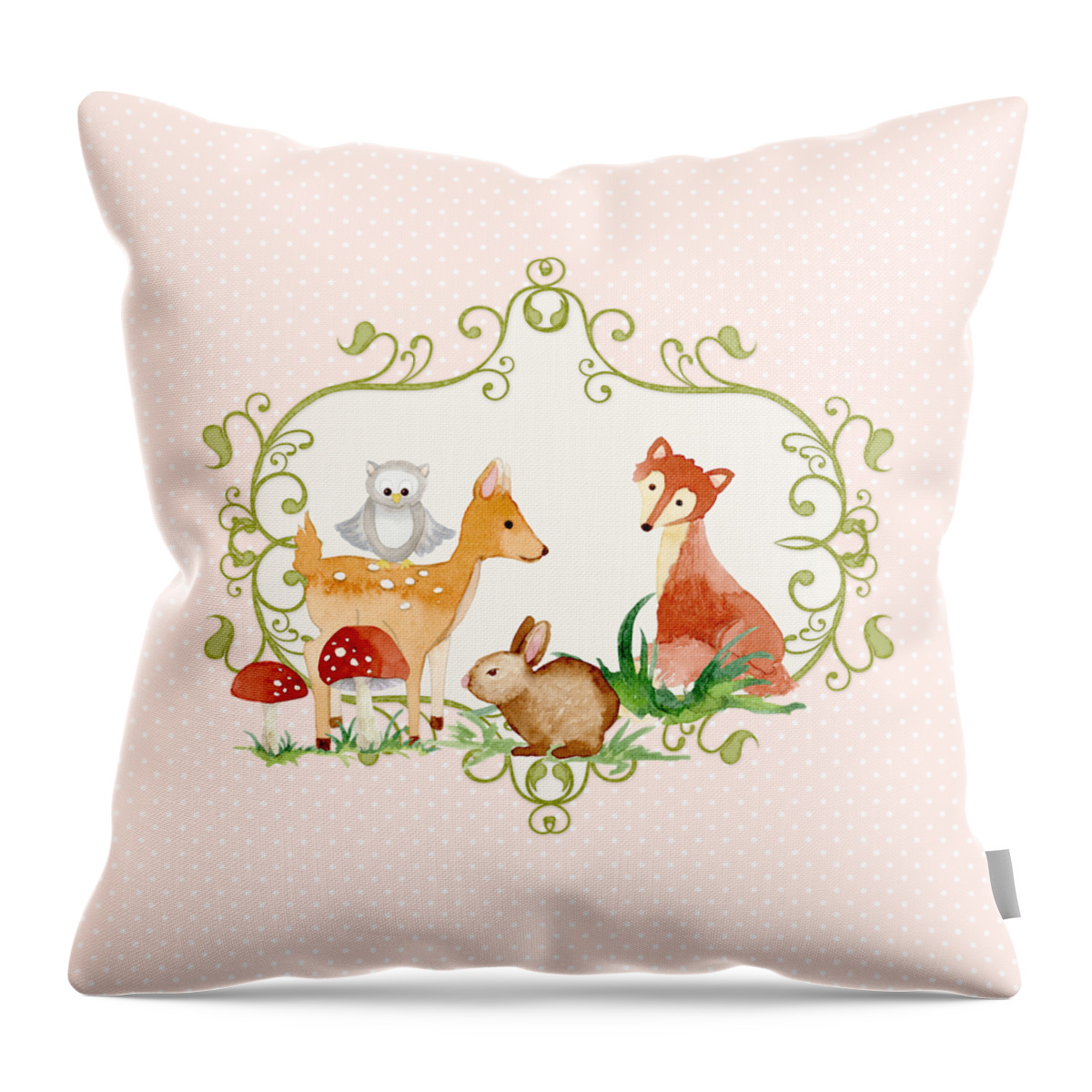 Woodland Throw Pillow featuring the painting Woodland Fairytale - Animals Deer Owl Fox Bunny n Mushrooms by Audrey Jeanne Roberts