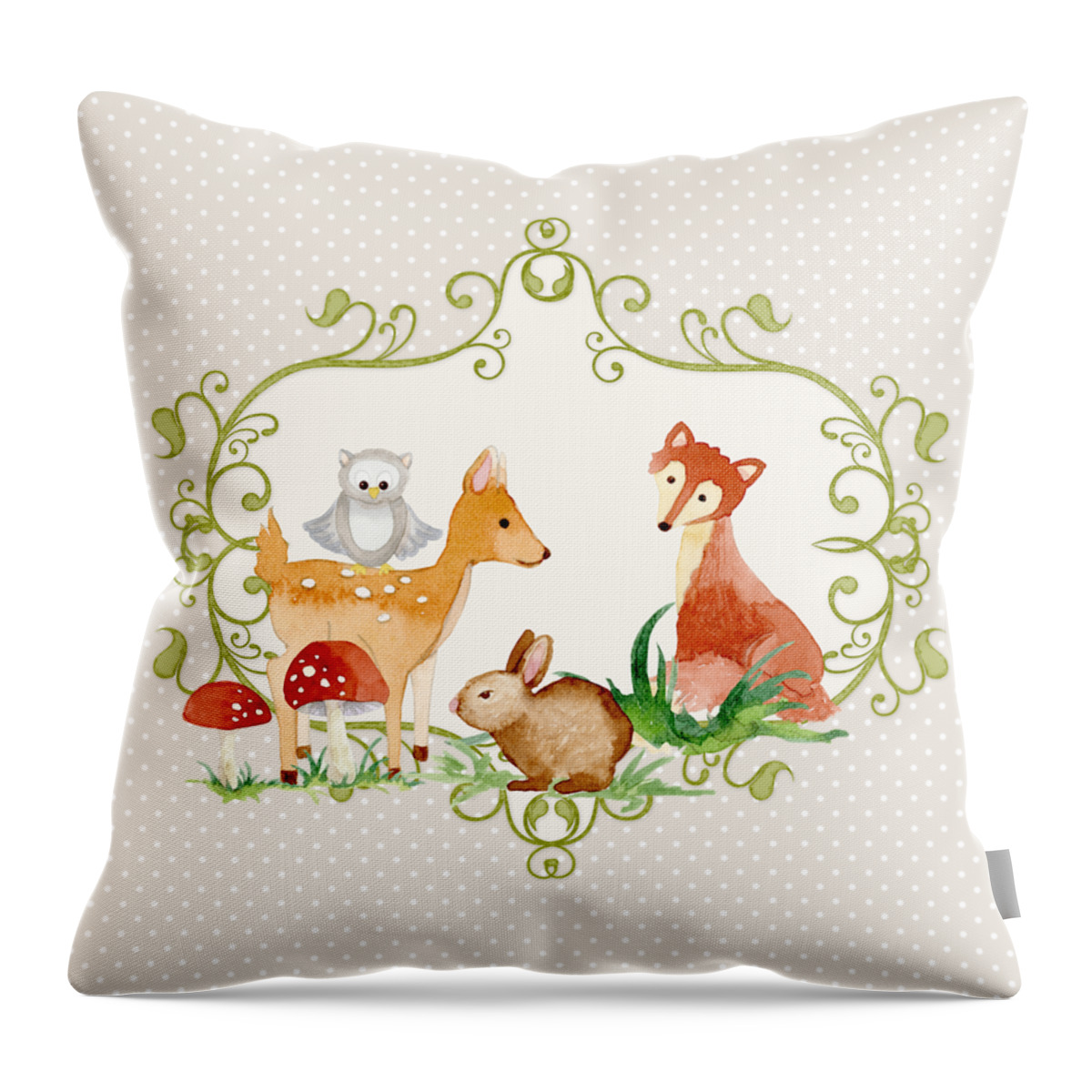 Grey Throw Pillow featuring the painting Woodland Fairytale - Grey Animals Deer Owl Fox Bunny n Mushrooms by Audrey Jeanne Roberts