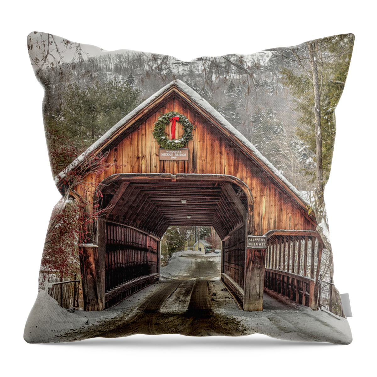 Covered Bridge Throw Pillow featuring the photograph Woodstock Middle Bridge by Rod Best
