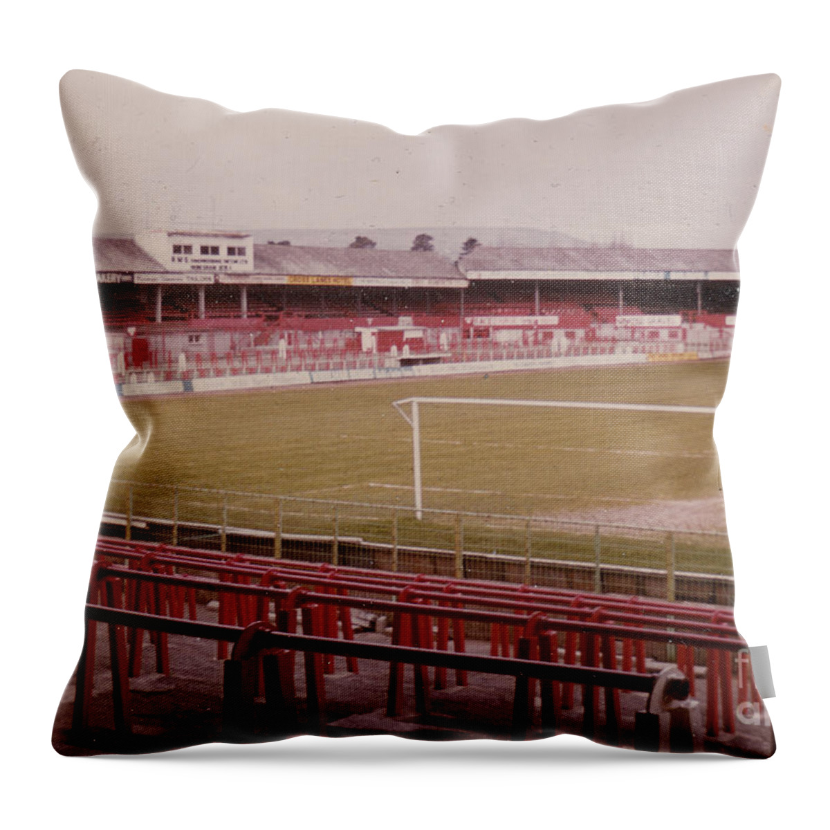  Throw Pillow featuring the photograph Wrexham FC - Racecourse Ground - Mold Road Stand 1 - 1980s by Legendary Football Grounds