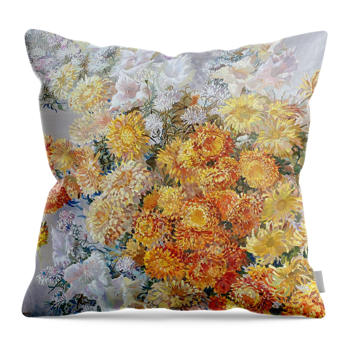 Maya Gusarina Throw Pillow featuring the painting Yellow Chrysanthemum by Maya Gusarina