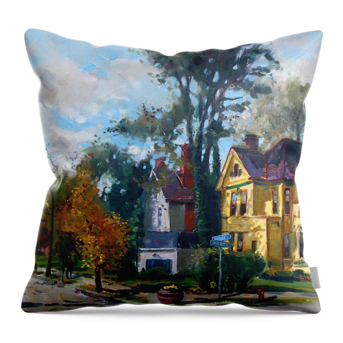 Yellow House Throw Pillow featuring the painting Yellow House by Ylli Haruni