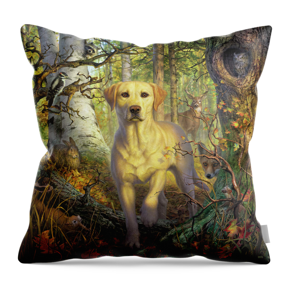 Labrador Throw Pillow featuring the digital art Yellow Lab in Fall by Mark Fredrickson