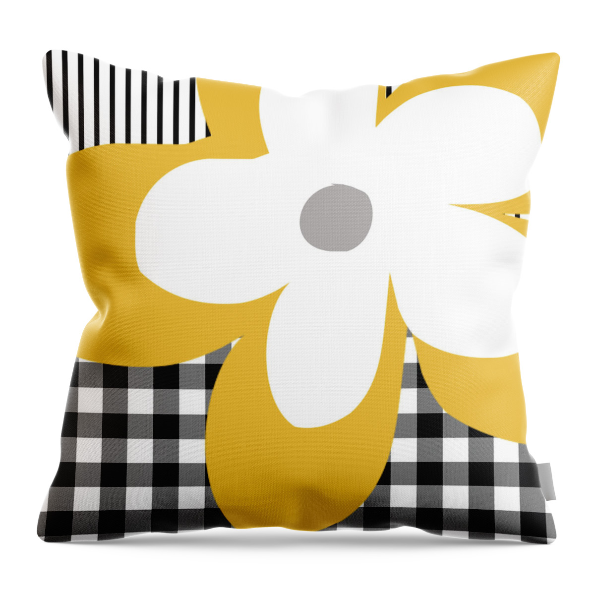 Gingham Throw Pillow featuring the mixed media Yellow Picnic Flower- Art by Linda Woods by Linda Woods