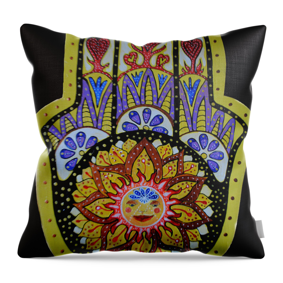 Yellow Hamsa Throw Pillow featuring the painting Yellow Sun by Patricia Arroyo