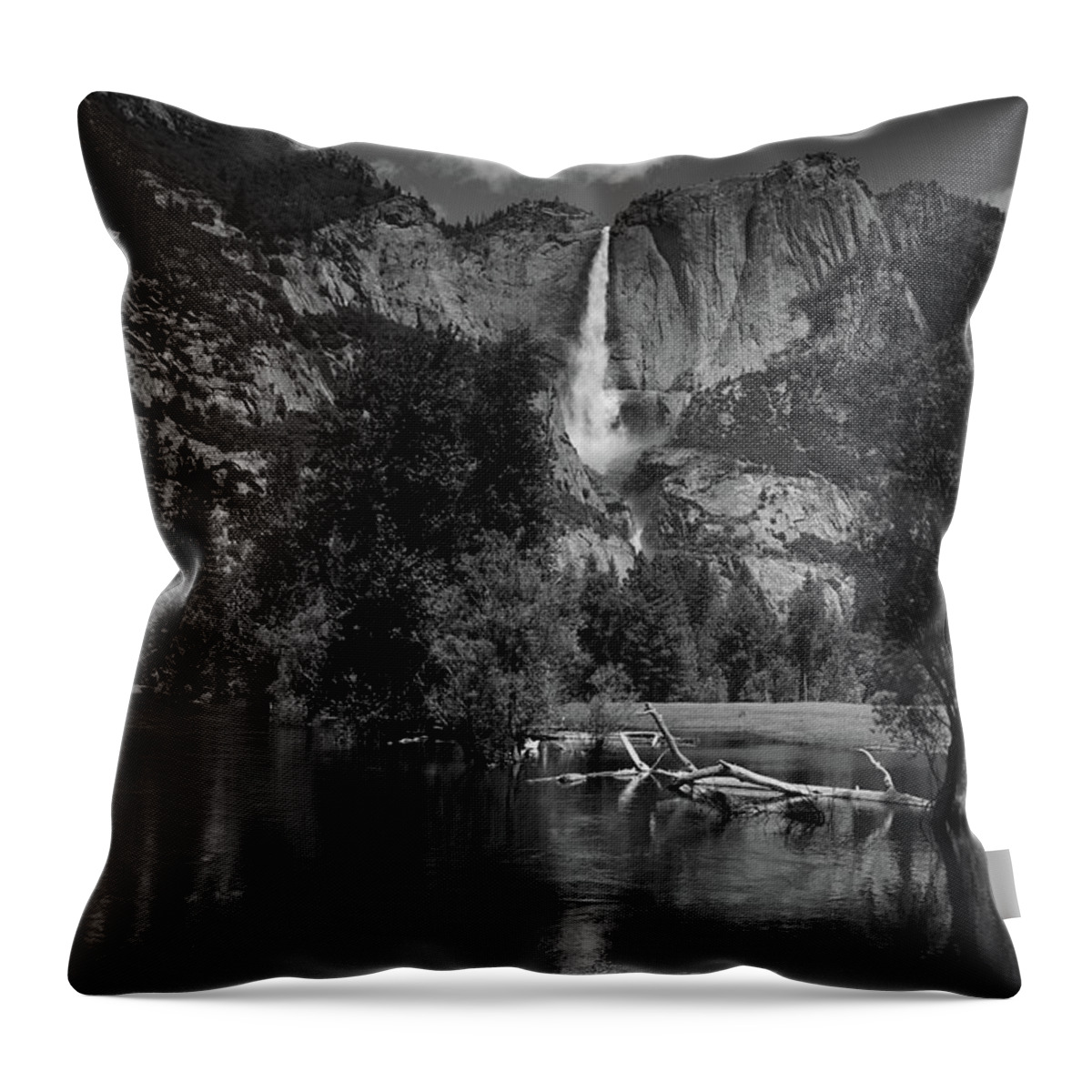Yosemite Falls From Swinging Bridge Throw Pillow featuring the photograph Yosemite Falls from Swinging Bridge in Black and White by Raymond Salani III