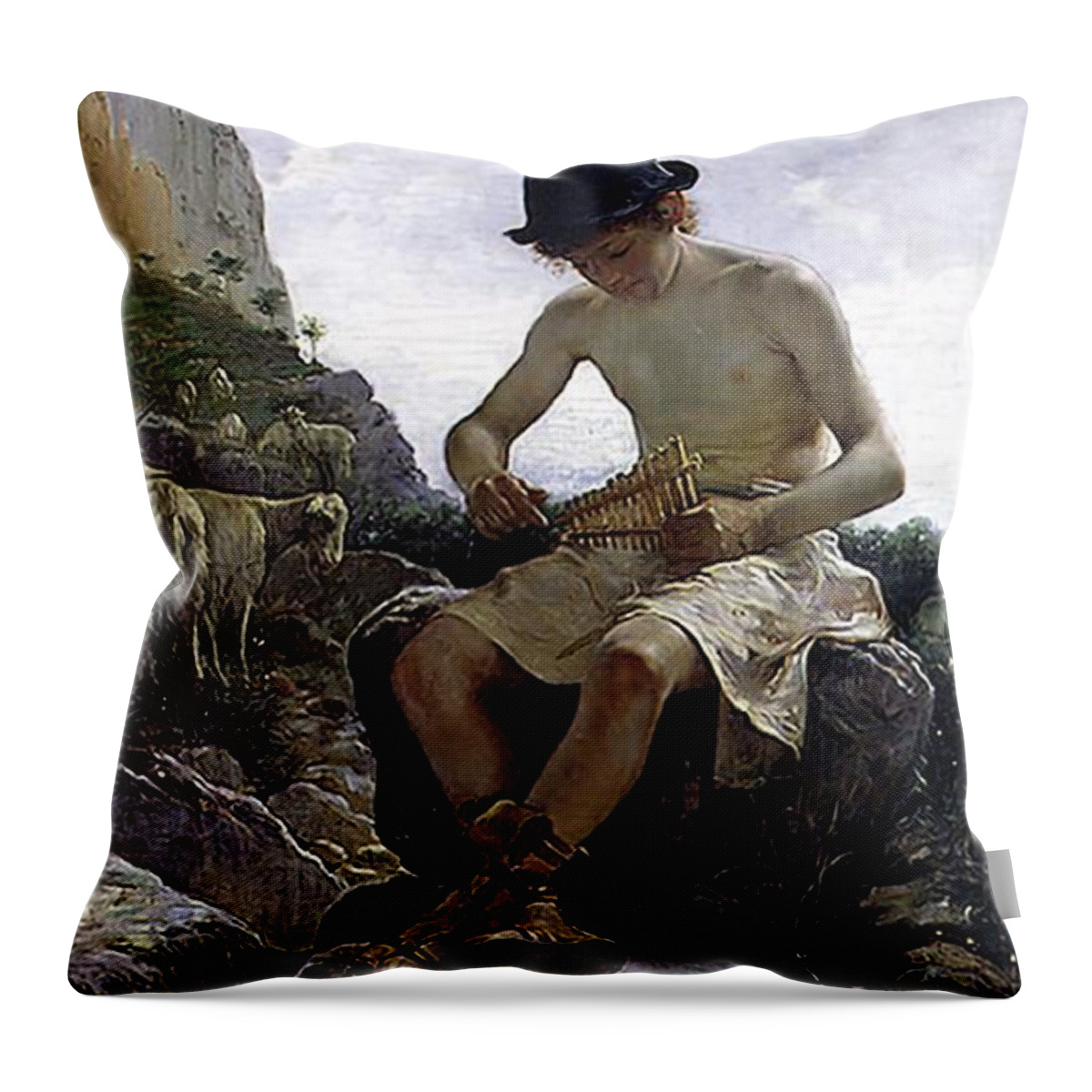 Juan Bela Y Morales Throw Pillow featuring the painting Young Shepherd by Juan Bela y Morales