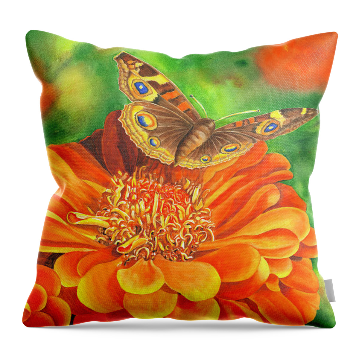 Zinnia With Butterfly Throw Pillow featuring the painting Zinnia Runway by Lori Taylor