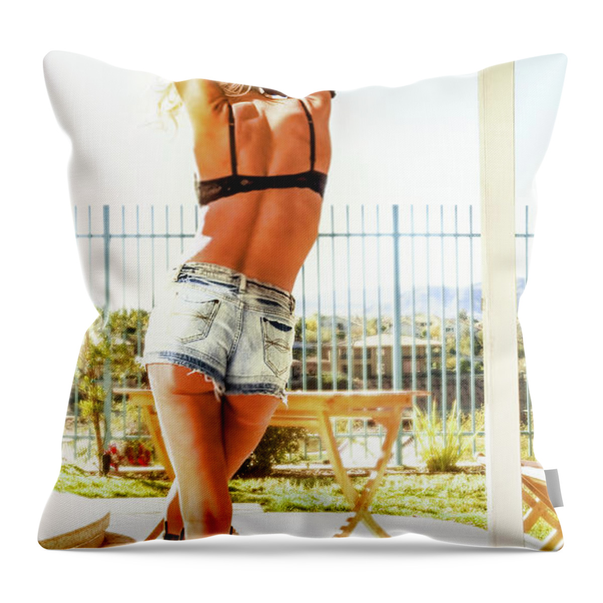 1 One Person Throw Pillow featuring the photograph 0455 Supermodel Selena Sexy Hot Stone Washed Booty Jeans CDLV by Amyn Nasser