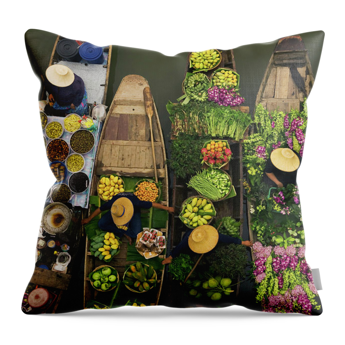 People Throw Pillow featuring the photograph A Floating Market On A Canal In by Mint Images - Art Wolfe
