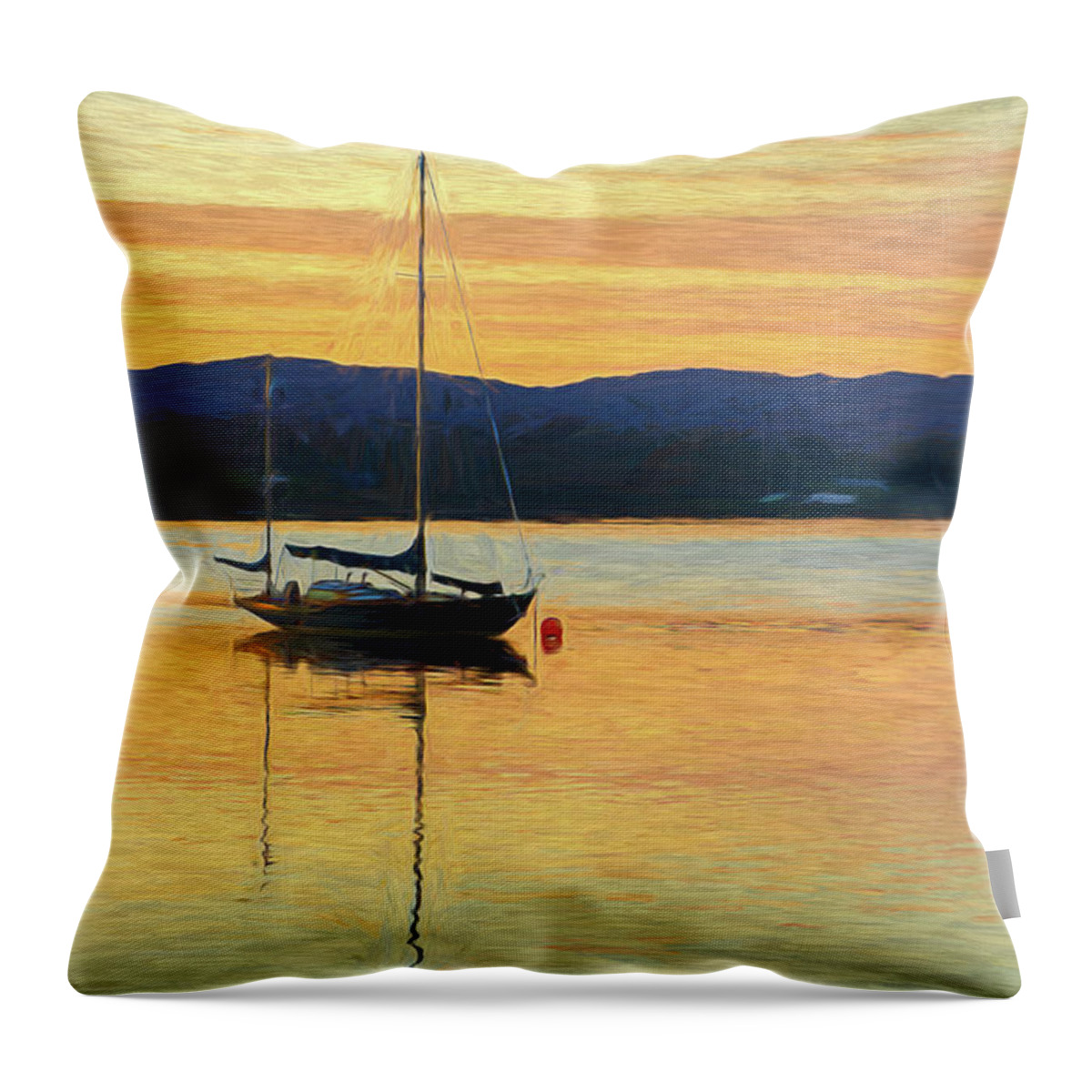 Beautiful Throw Pillow featuring the digital art Boat On A Lake at Sunset by Rick Deacon