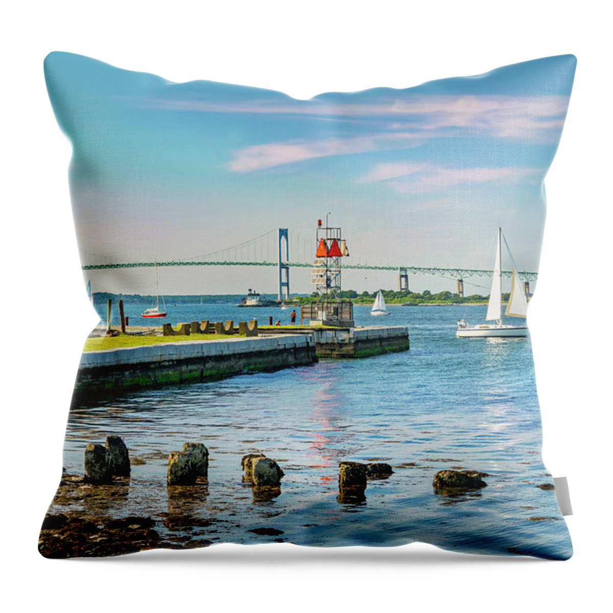 Estock Throw Pillow featuring the digital art Claiborne Pell Bridge, Newport, Ri by Laura Zeid