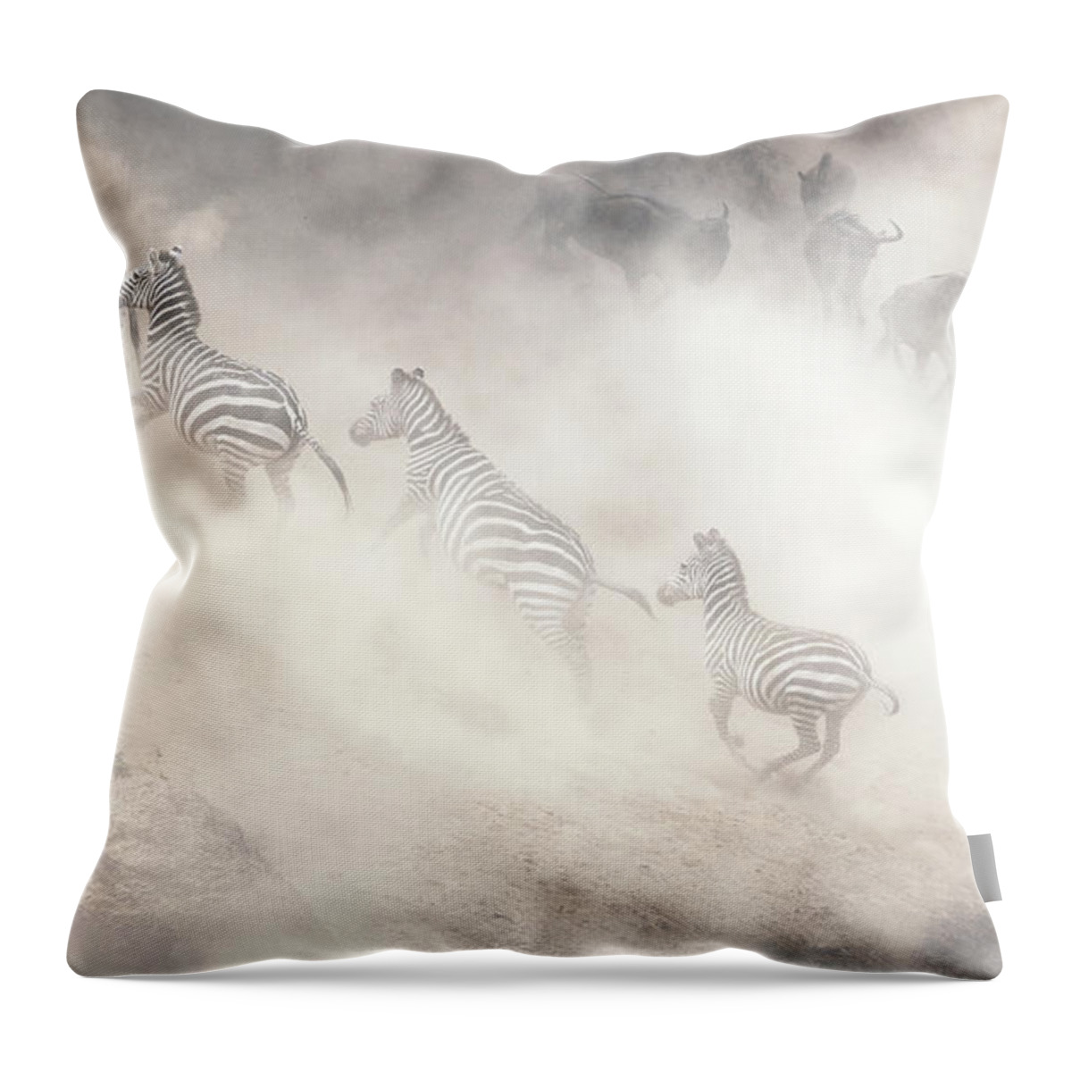 Wildlife Throw Pillow featuring the photograph Dramatic Dusty Great Migration in Kenya by Good Focused
