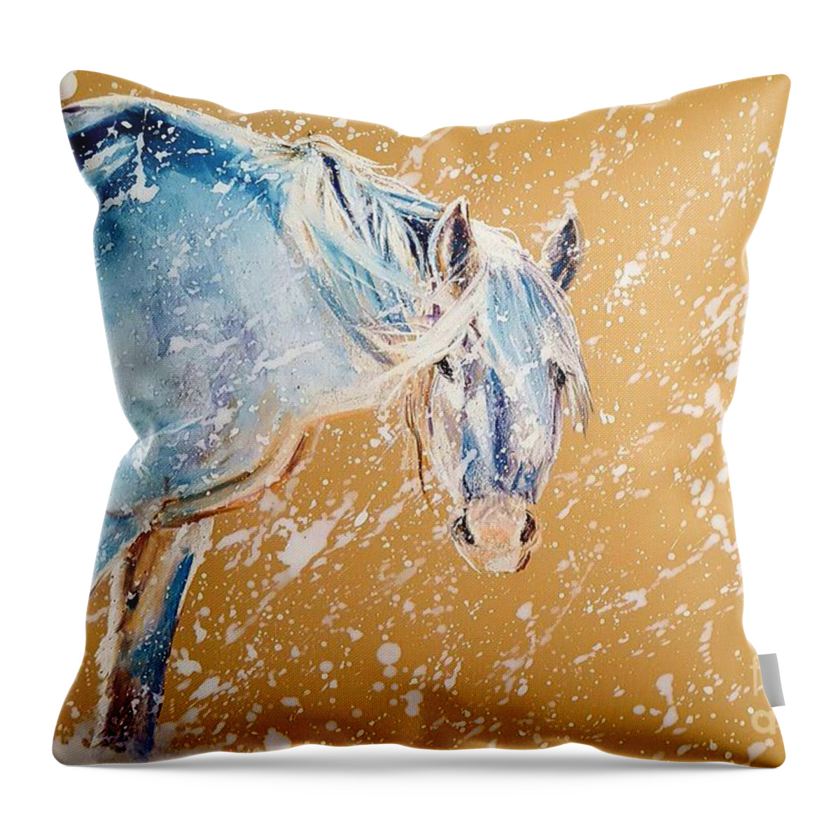 Horses In Snow Throw Pillow featuring the pastel Early Blizzard by Joni Beinborn