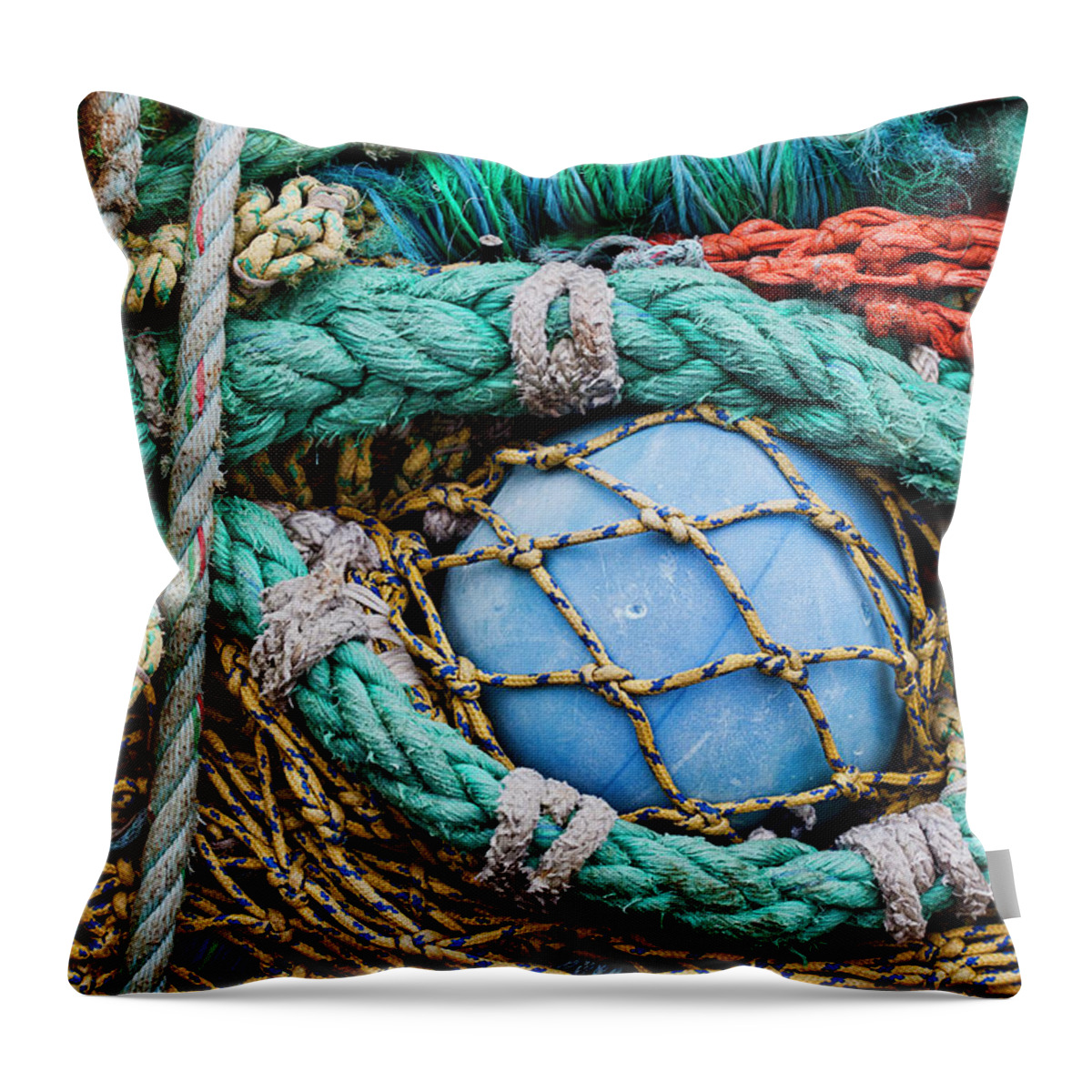 Art Of Fishing Throw Pillow featuring the photograph Fishing Nets and Blue Float 7904 by Carol Leigh