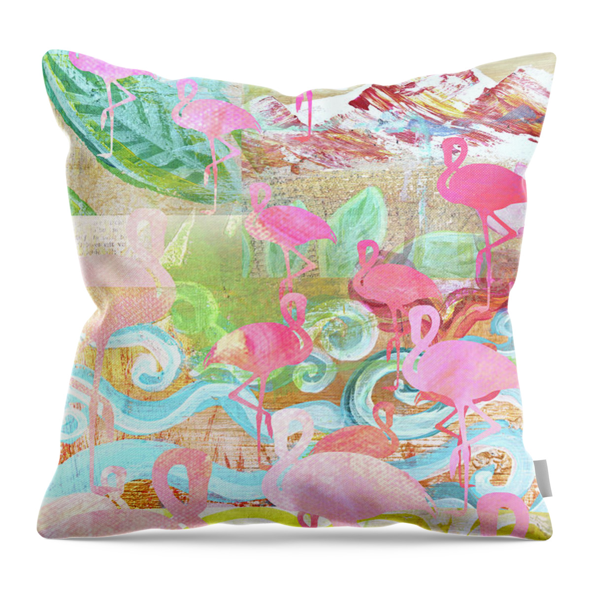 Flamingo Collage Throw Pillow featuring the mixed media Flamingo Collage by Claudia Schoen