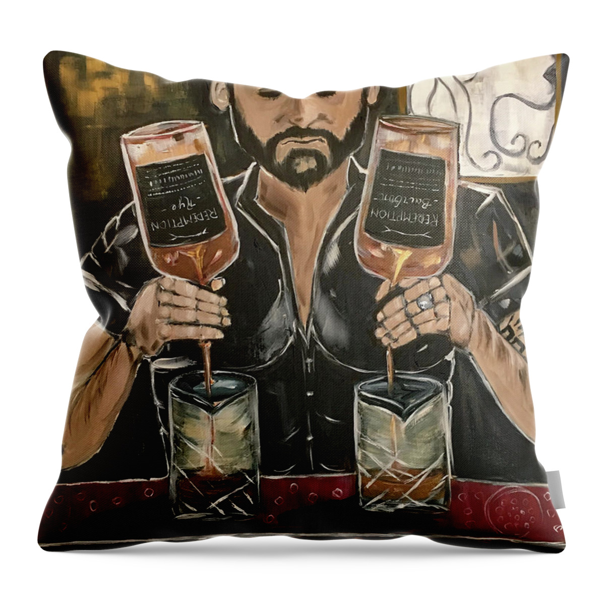 Bartender Throw Pillow featuring the painting He's Crafty featuring Mark by Roxy Rich
