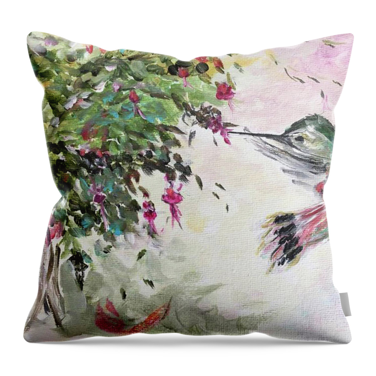 Hummingbird Throw Pillow featuring the painting Hummingbird with Fuchsias by Roxy Rich
