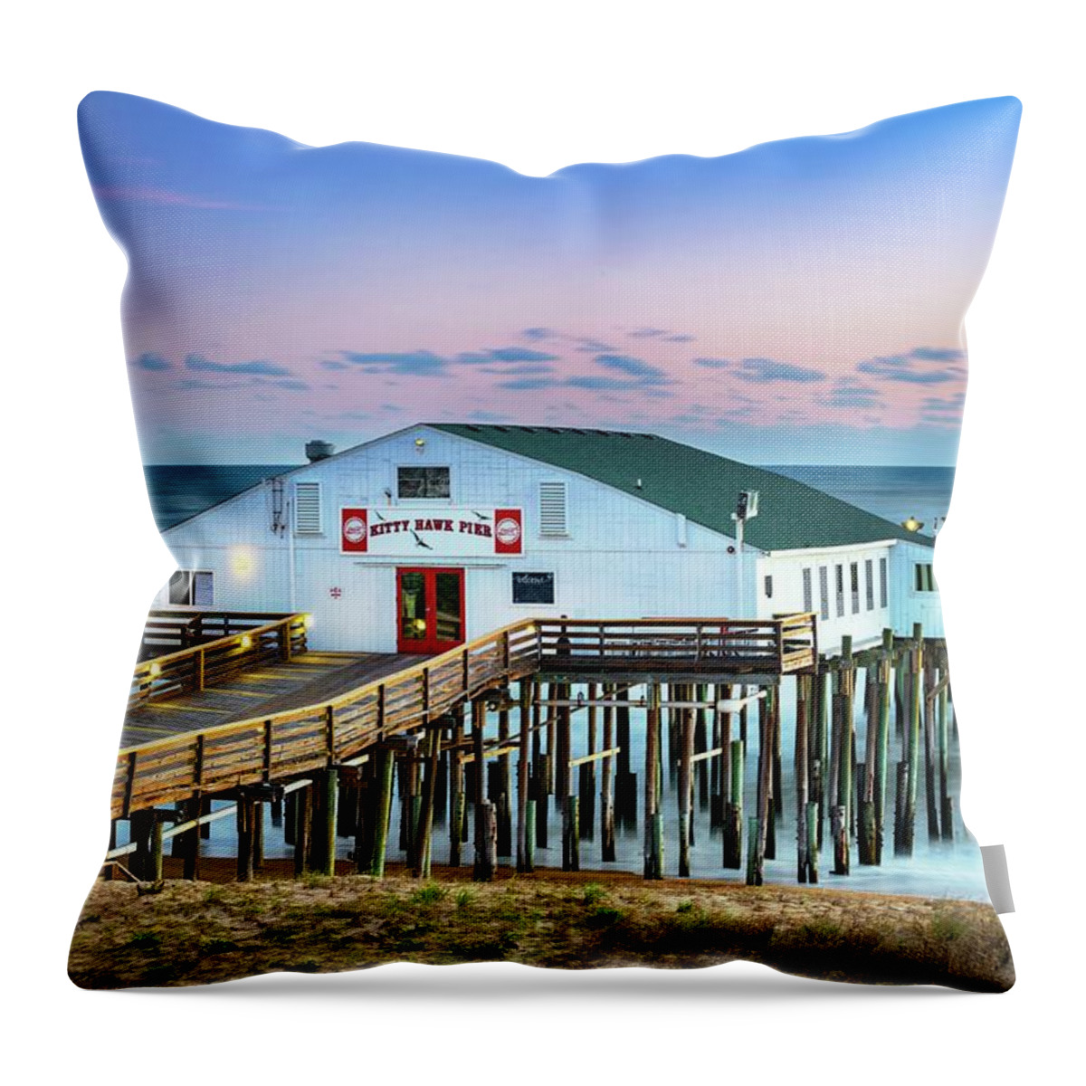 Estock Throw Pillow featuring the digital art Kitty Hawk Pier, Outer Banks, Nc by Laura Zeid