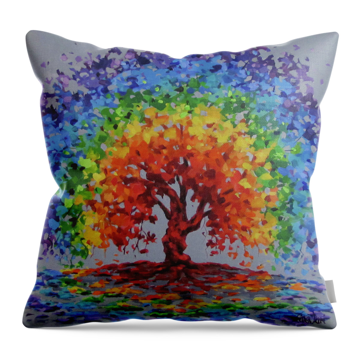 Rainbow Throw Pillow featuring the painting Rainbow Tree by Karen Ilari